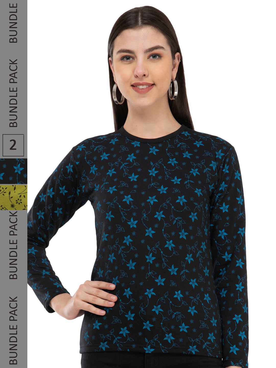 

IndiWeaves Pack Of 2 Floral Printed Long Sleeves Woolen T-shirt, Black