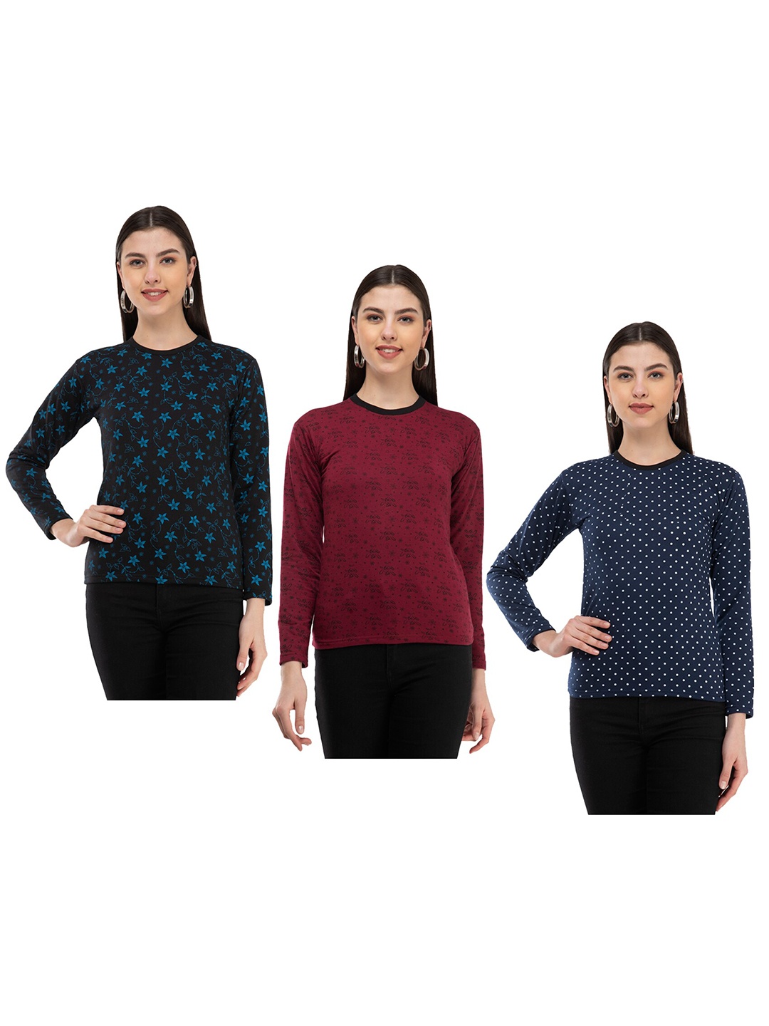 

IndiWeaves Pack Of 3 Floral Printed Long Sleeves Woolen T-shirt, Black