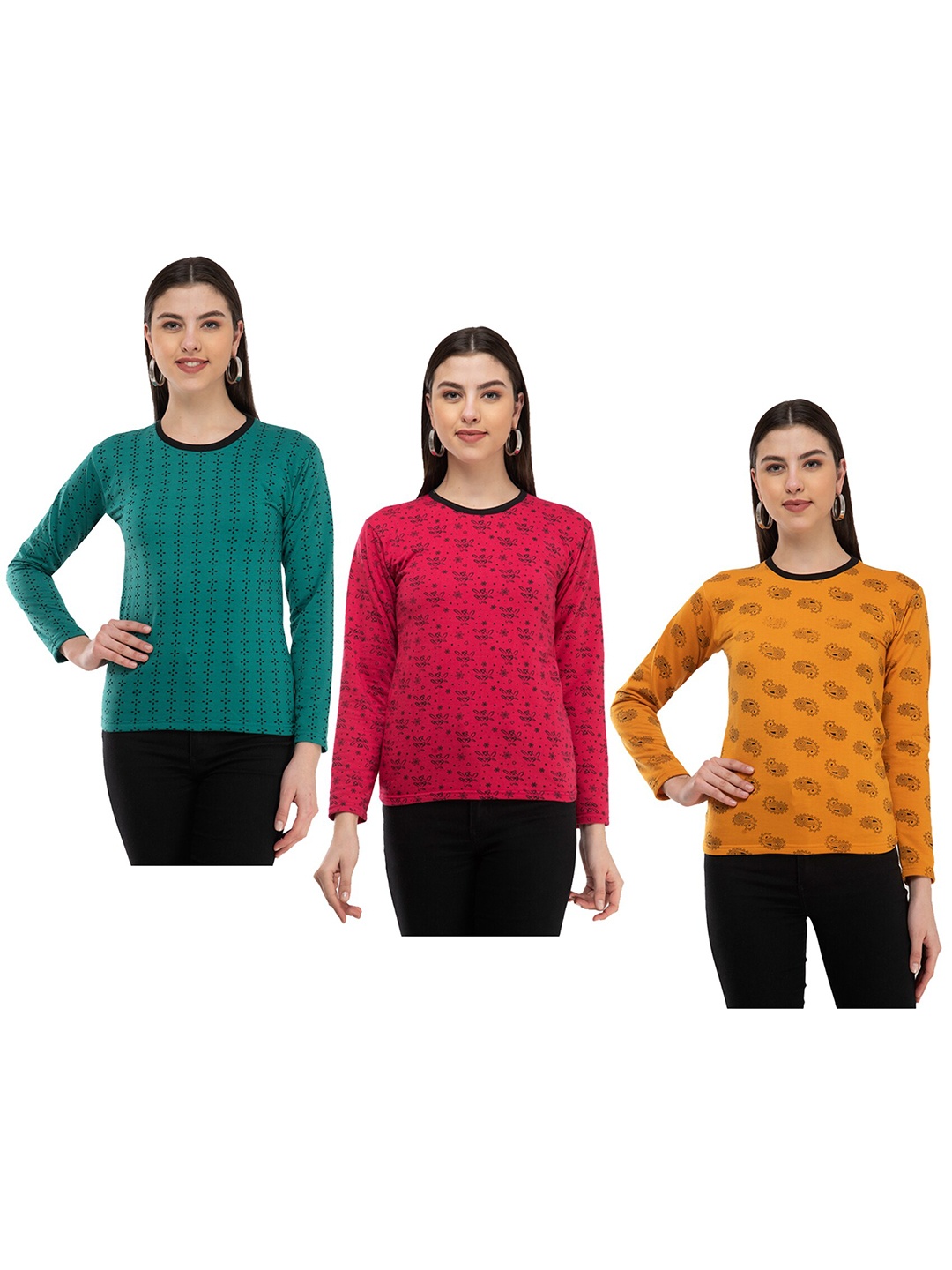 

IndiWeaves Pack Of 3 Floral Printed Long Sleeves Woolen T-shirt, Green