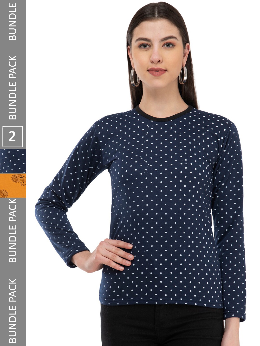 

IndiWeaves Pack Of 2 Polka Dots Printed Woollen T-shirt, Navy blue