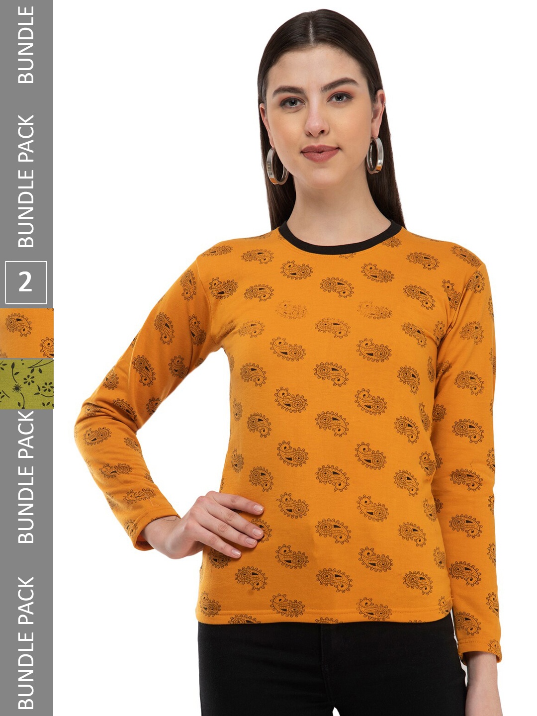 

IndiWeaves Women Multicoloured 2 Printed Woollen Pockets T-shirt, Yellow