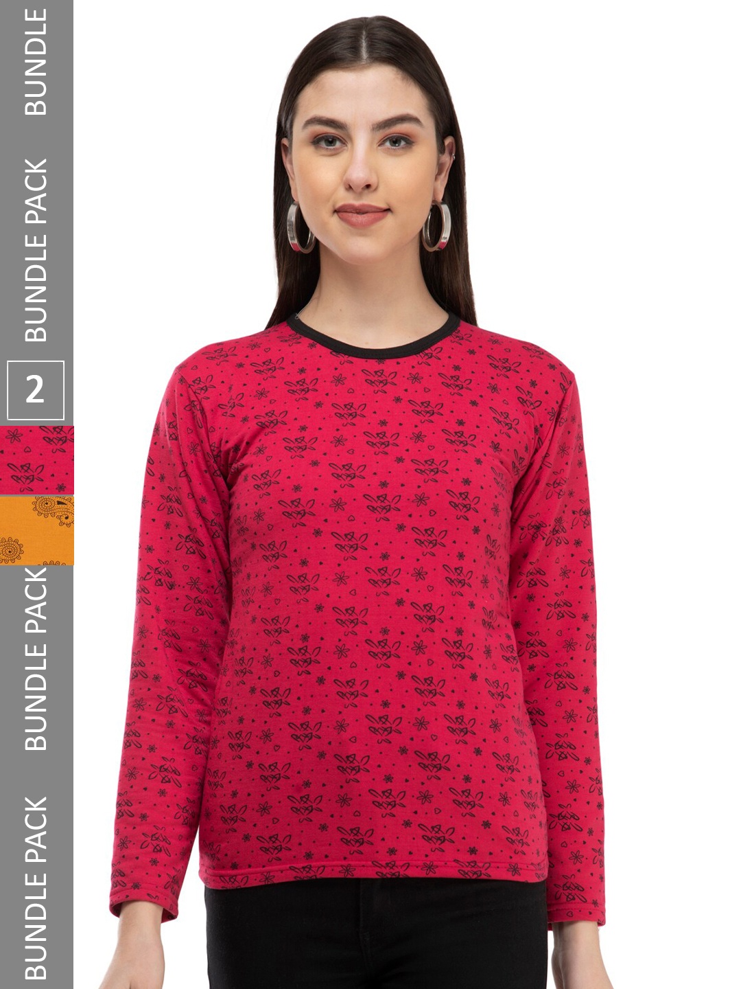 

IndiWeaves Pack Of 2 Printed Round Neck Woollen T-shirt, Red