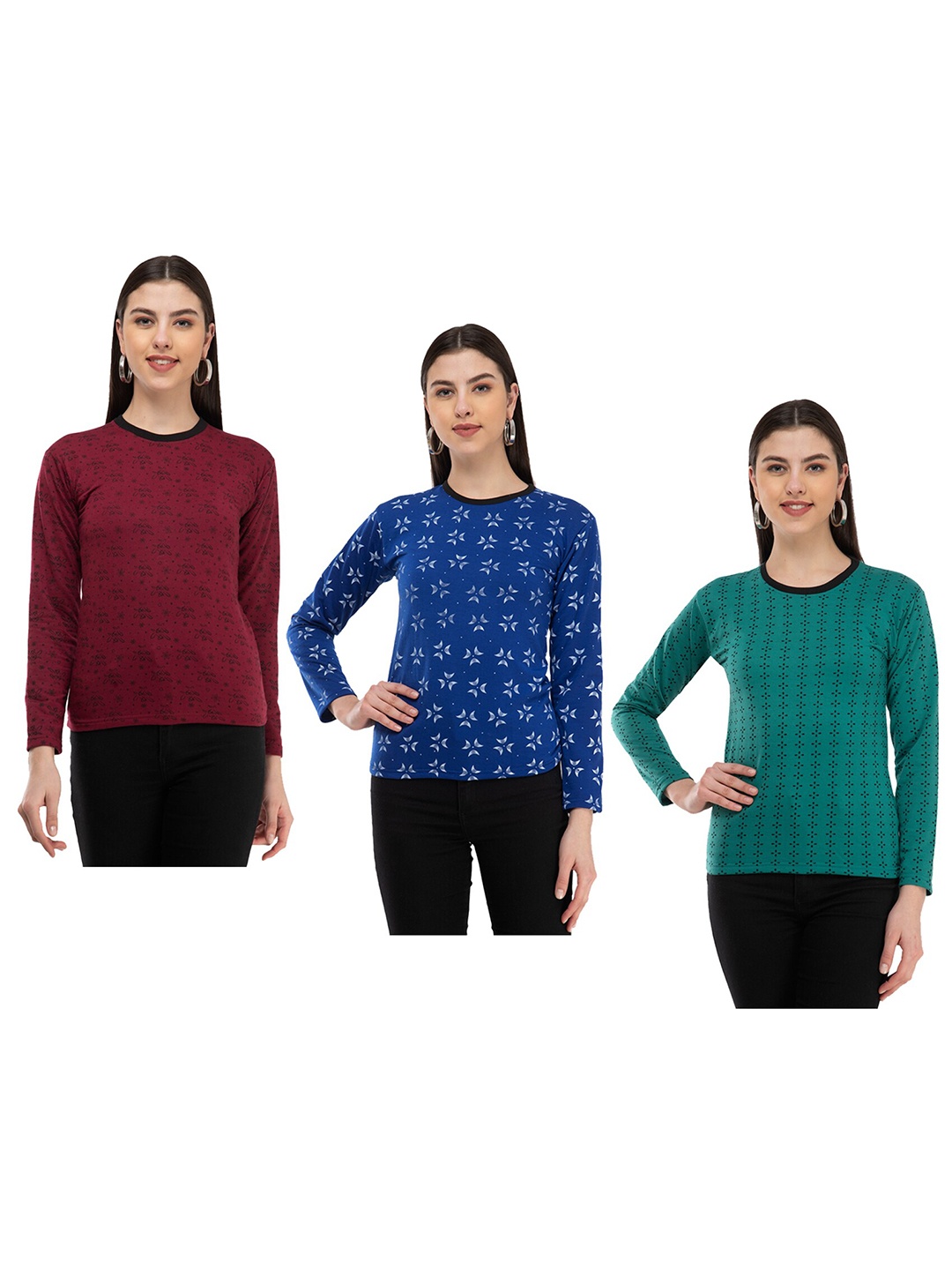 

IndiWeaves Pack Of 3 Floral Printed Long Sleeves Woolen T-shirt, Maroon