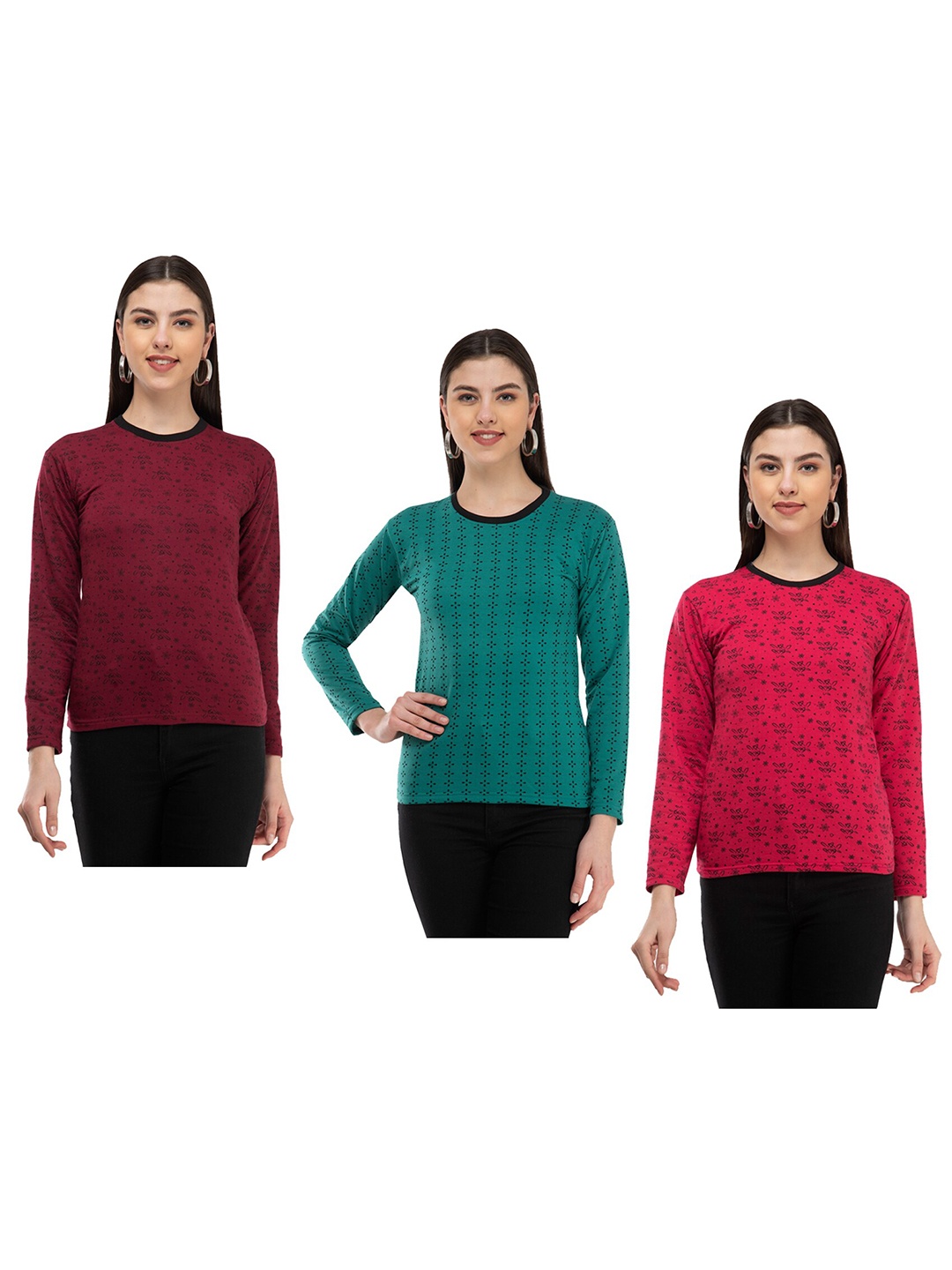 

IndiWeaves Pack Of 3 Floral Printed Long Sleeves Woolen T-shirt, Maroon