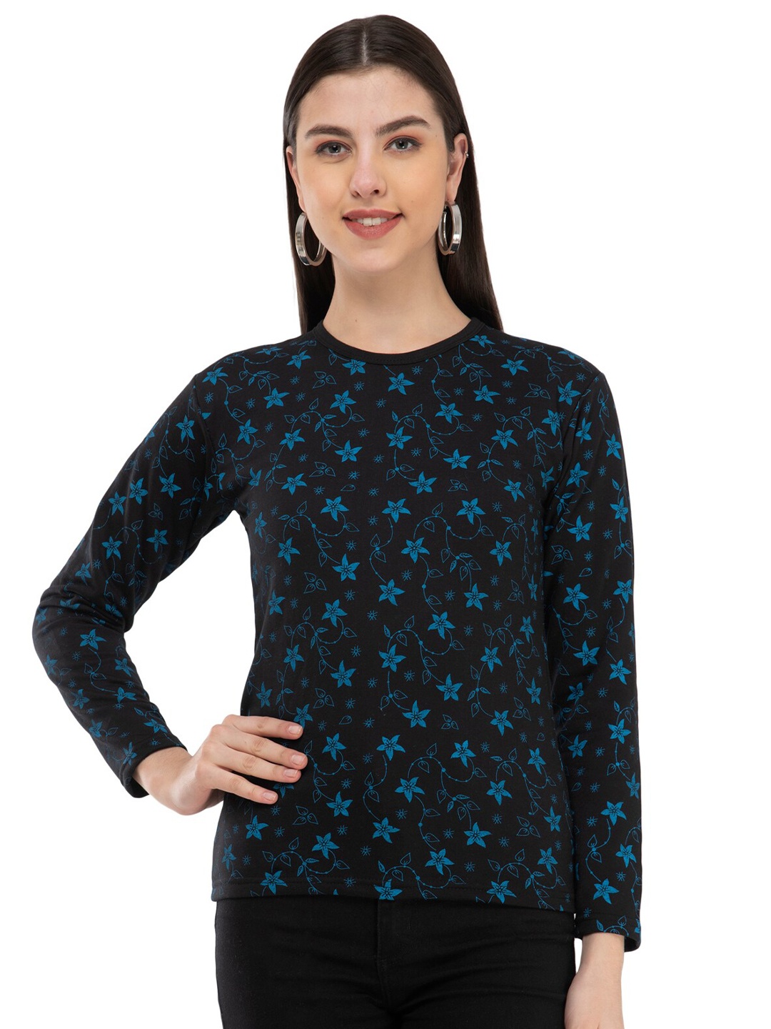 

IndiWeaves Floral Printed Round Neck T-shirt, Black