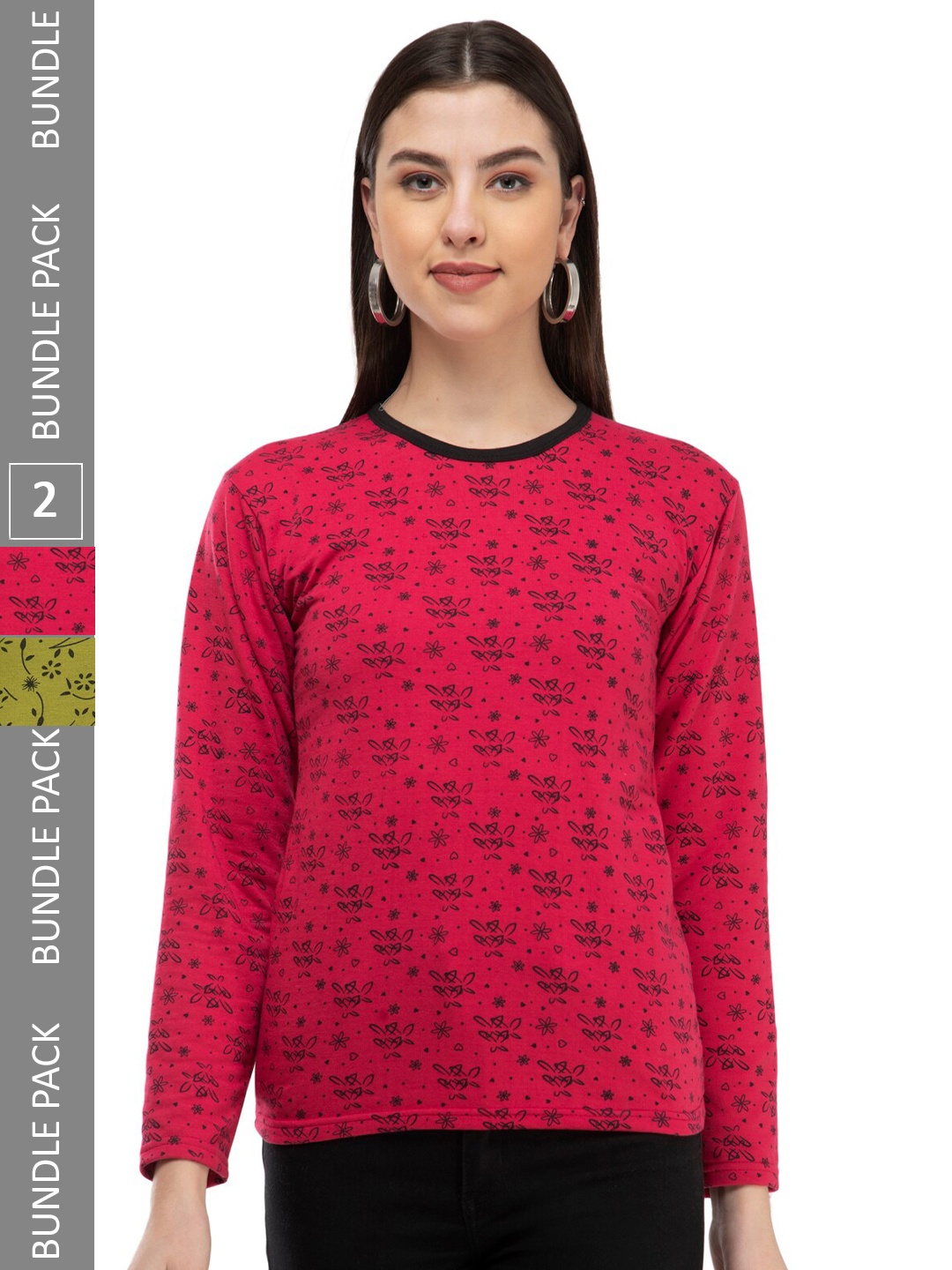 

IndiWeaves Pack Of 2 Floral Printed Round Neck T-shirt, Red