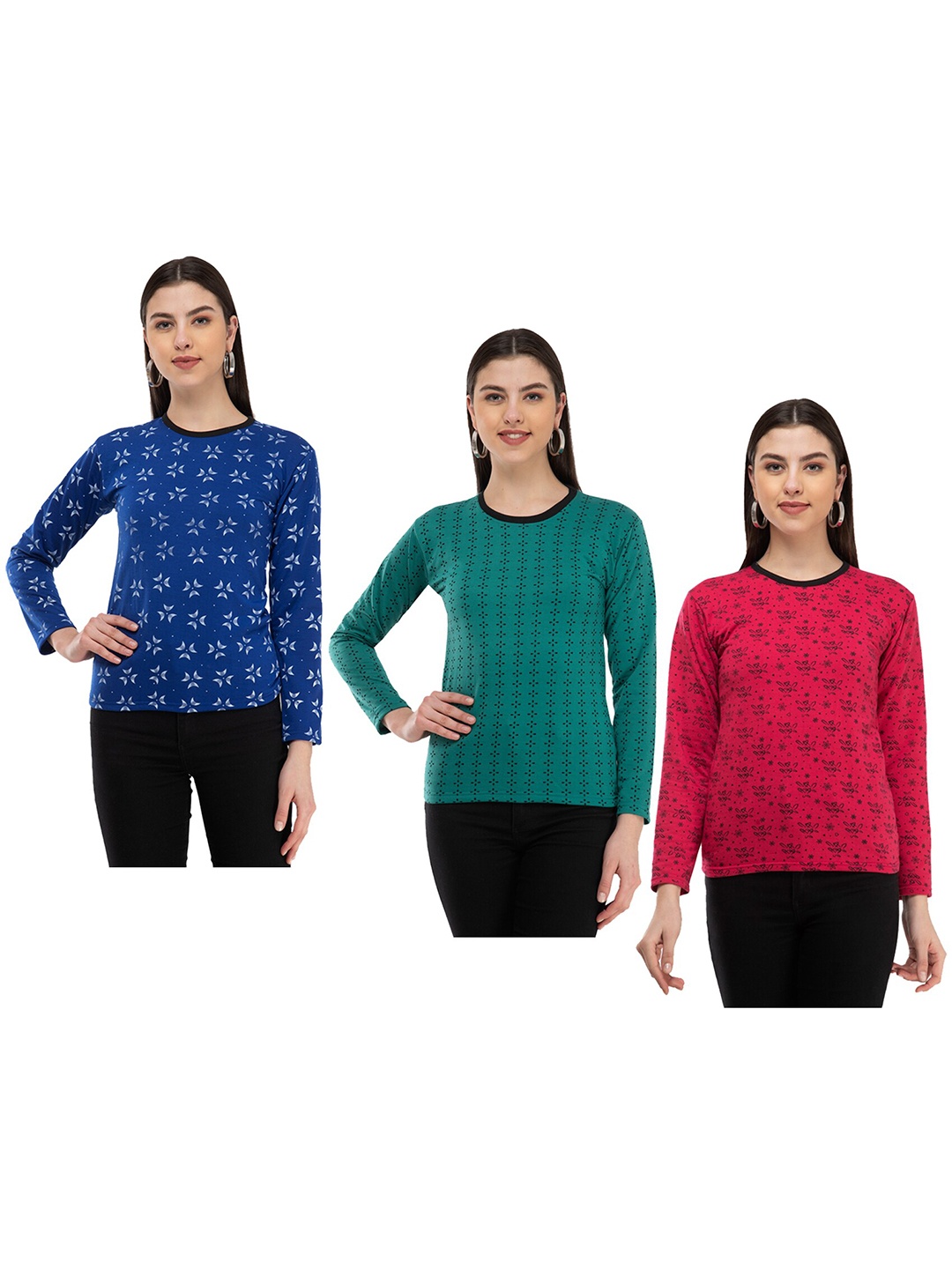

IndiWeaves Pack Of 3 Floral Printed Long Sleeves Woolen T-shirt, Blue