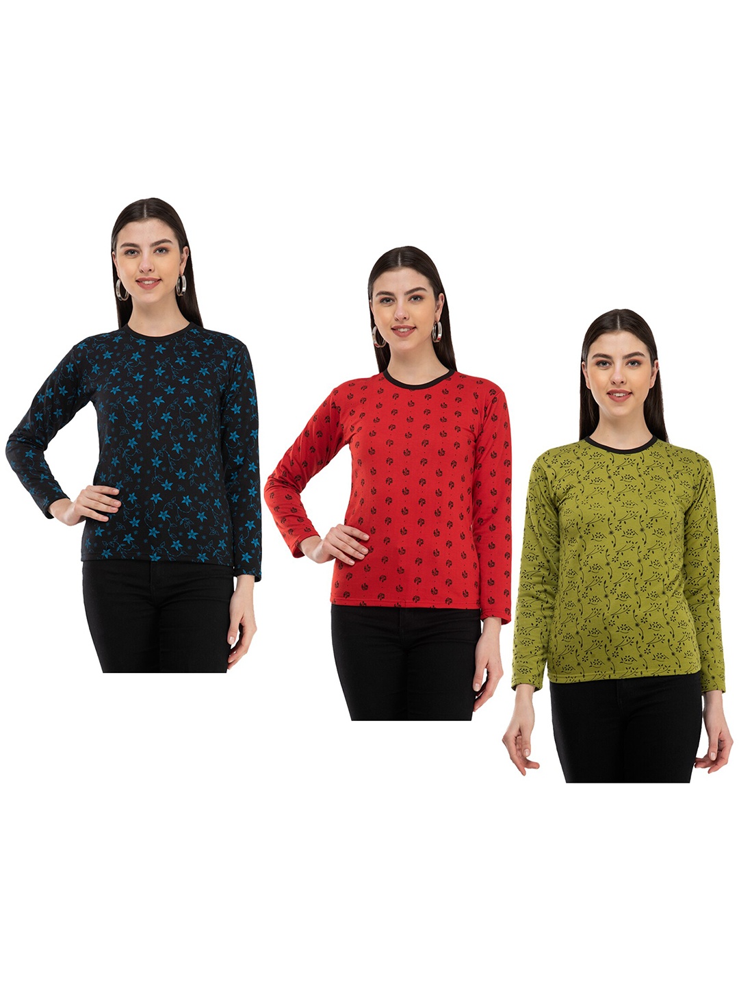 

IndiWeaves Pack Of 3 Floral Printed Long Sleeves Woolen T-shirt, Black