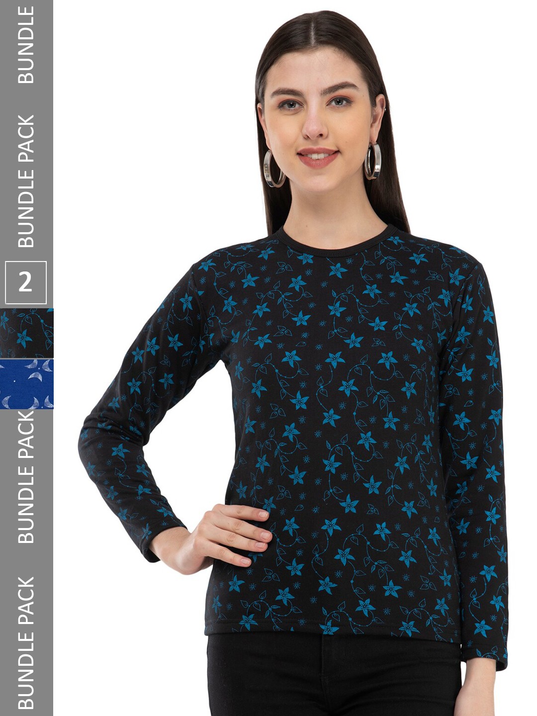 

IndiWeaves Pack Of 2 Floral Printed Round Neck T-shirt, Black
