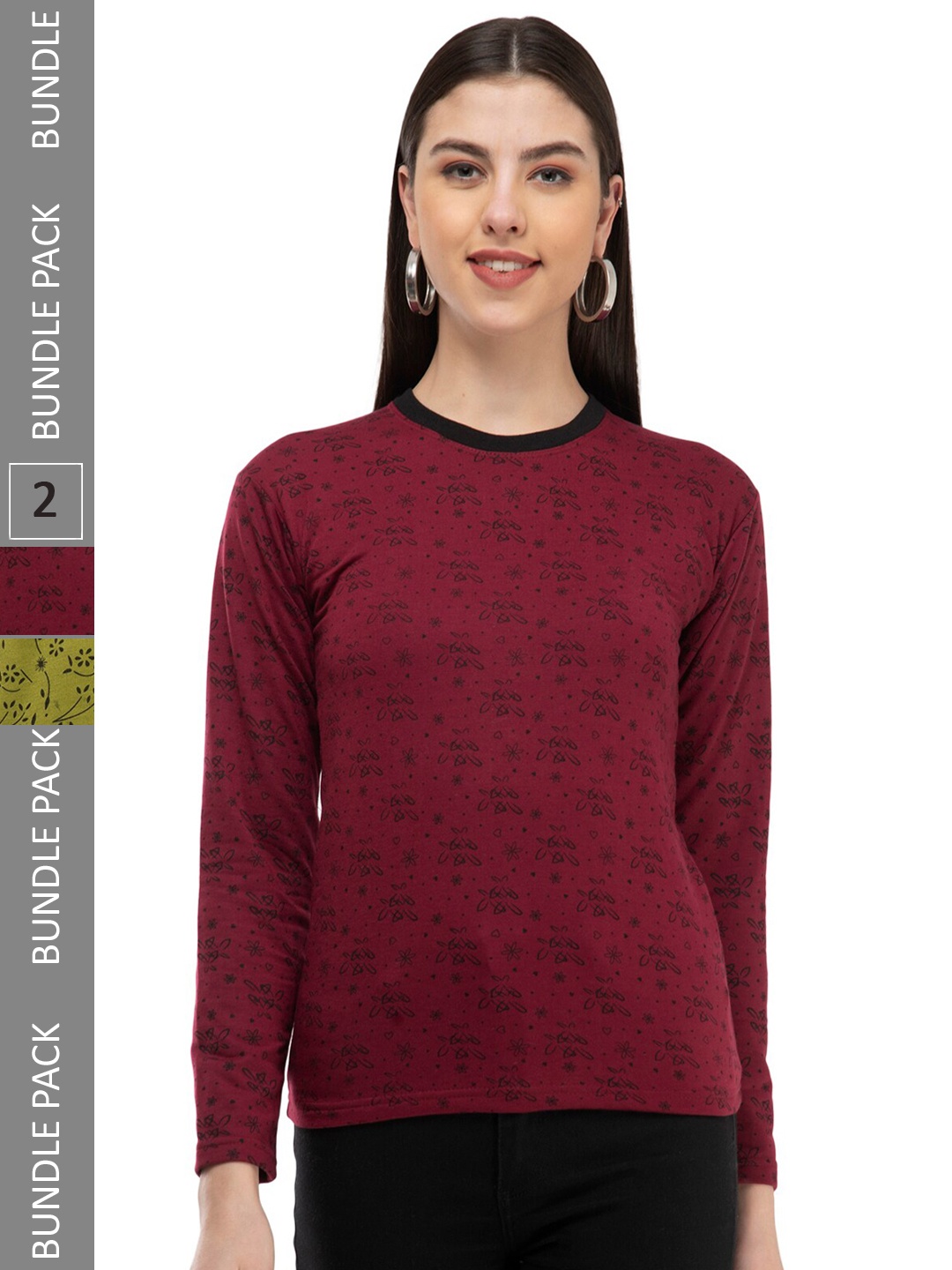 

IndiWeaves Pack of 2 Floral Printed Round Neck Cotton Casual T-Shirt, Maroon