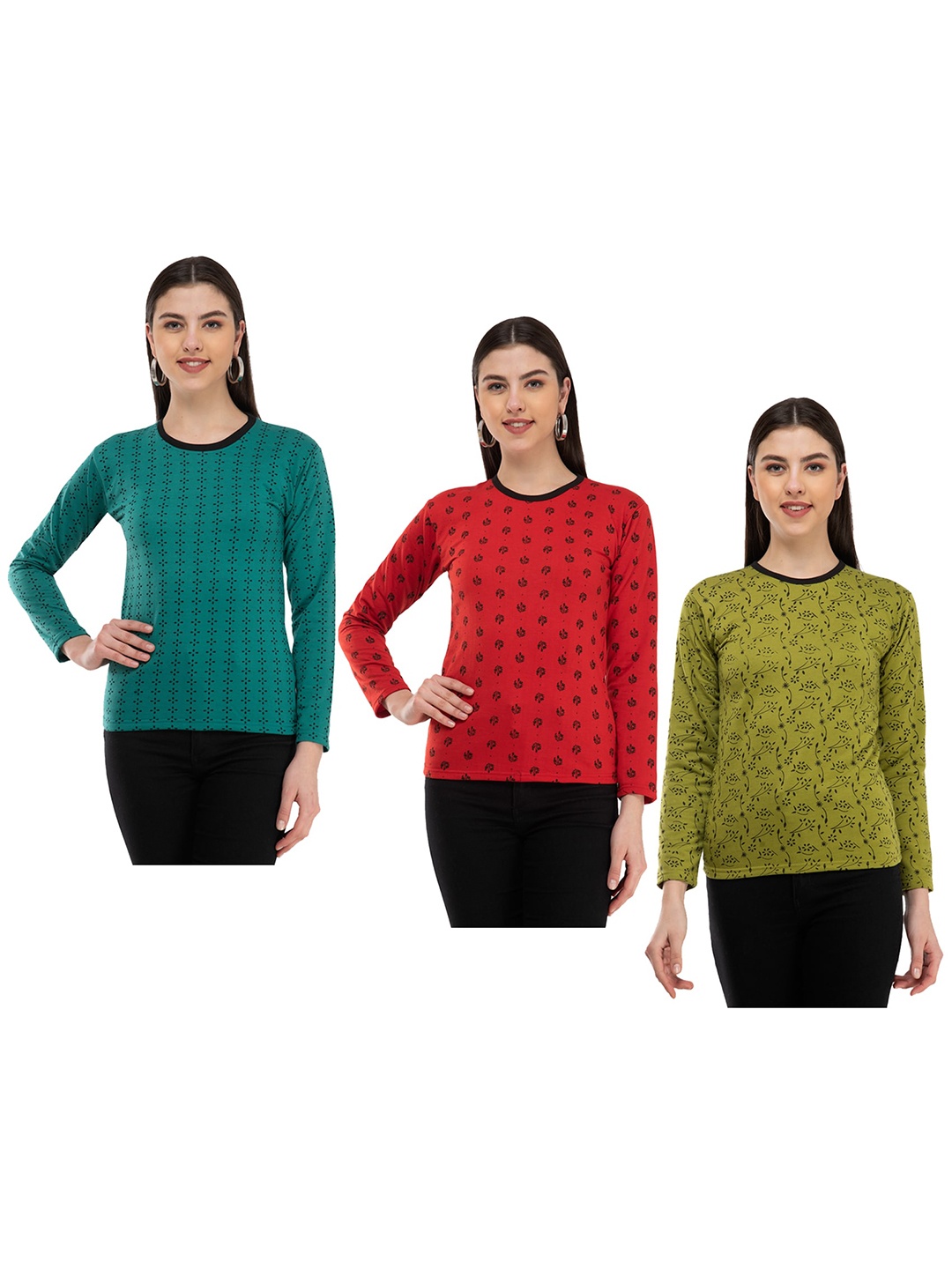 

IndiWeaves Pack Of 3 Floral Printed Long Sleeves Woolen T-shirt, Green