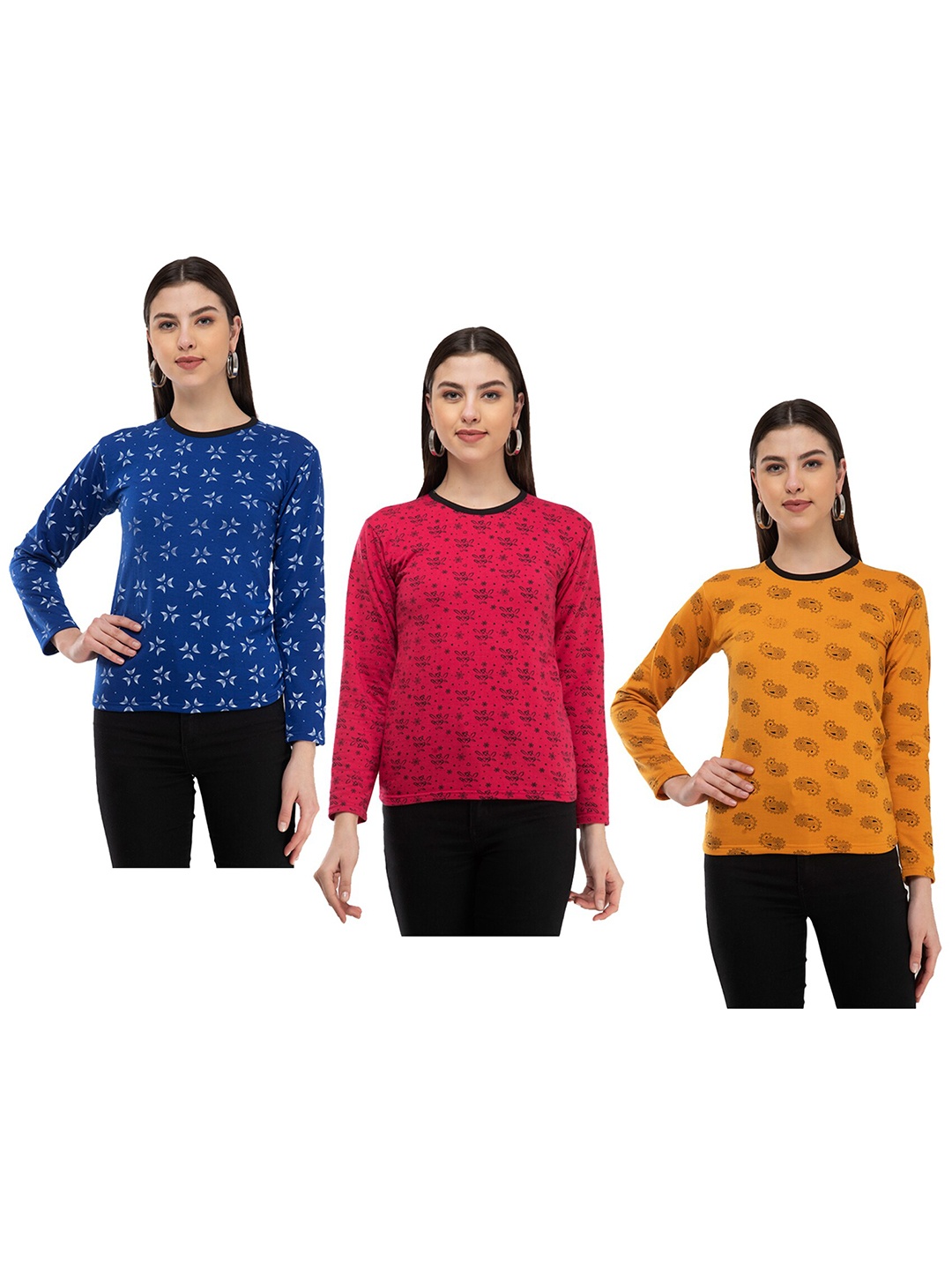 

IndiWeaves Pack Of 3 printed Round Neck Woolen T-shirt, Blue