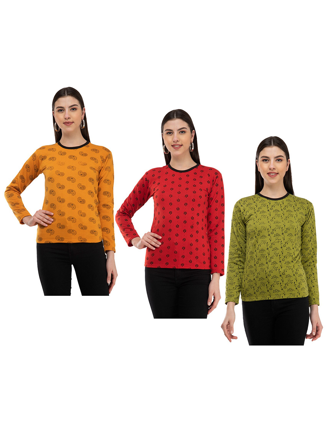 

IndiWeaves Pack Of 3 Floral Printed Long Sleeves Woolen T-shirt, Mustard