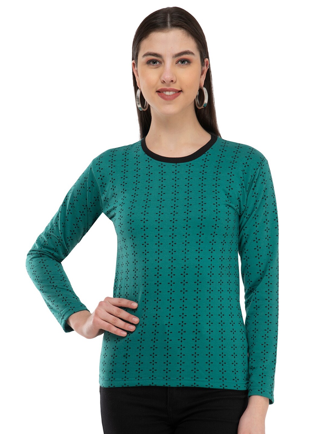 

IndiWeaves Floral Printed Round Neck Wool Casual T-shirt, Green