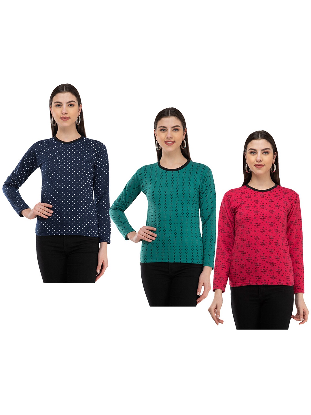 

IndiWeaves Pack of 3 Floral Printed Woollen T-shirt, Green