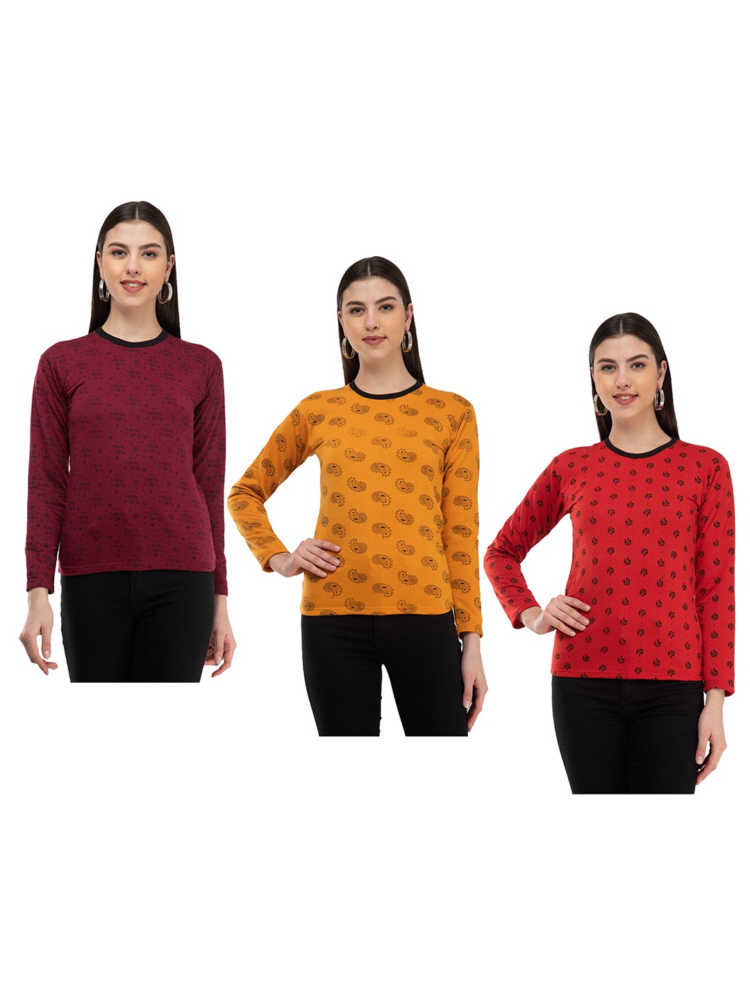 

IndiWeaves Pack Of 3 Floral Printed Long Sleeves Woolen T-shirt, Maroon