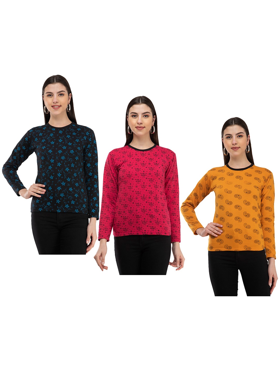 

IndiWeaves Pack Of 3 Floral Printed Long Sleeves Woolen T-shirt, Black