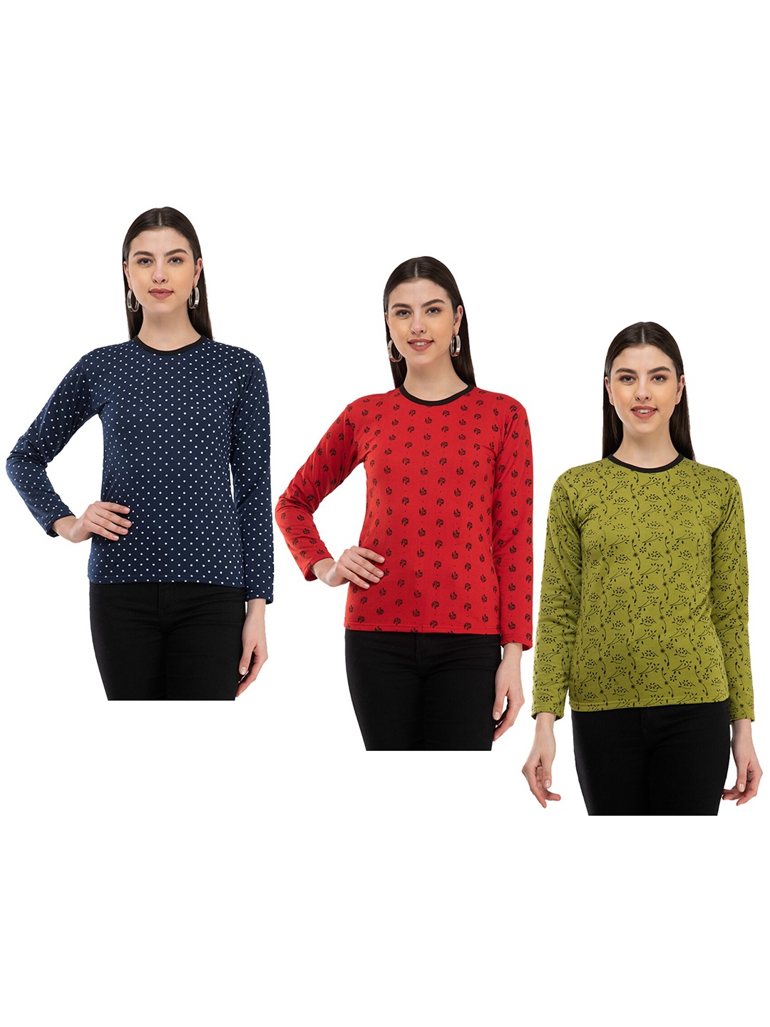 

IndiWeaves Pack Of 3 printed Round Neck Woolen T-shirt, Blue