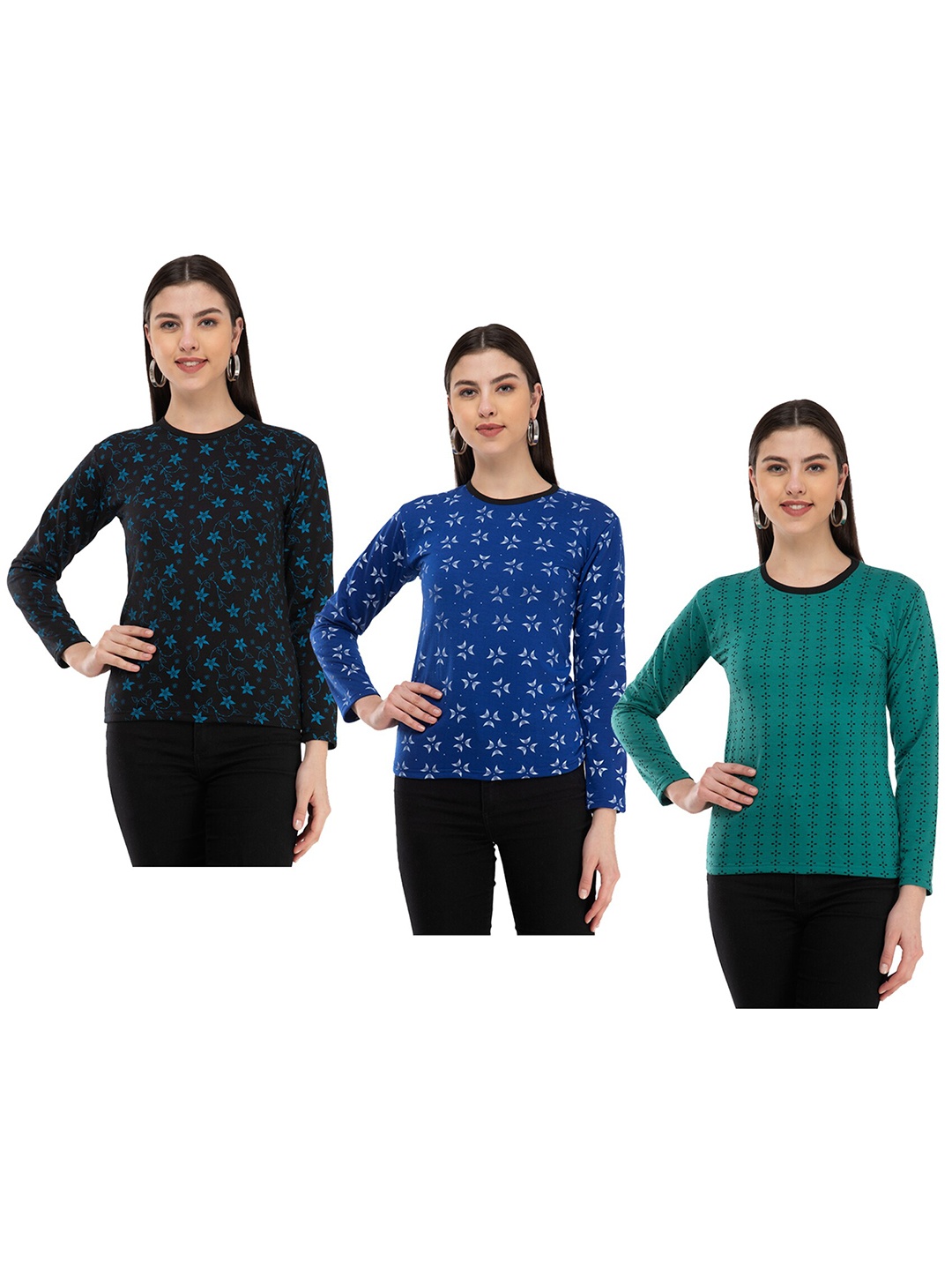 

IndiWeaves Pack Of 3 Floral Printed Long Sleeves Woolen T-shirt, Black
