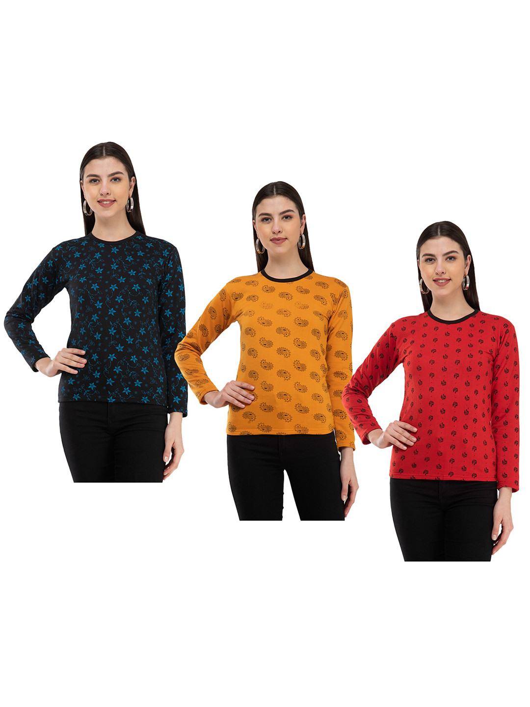 

IndiWeaves Pack Of 3 Floral Printed Long Sleeves Woolen T-shirt, Black