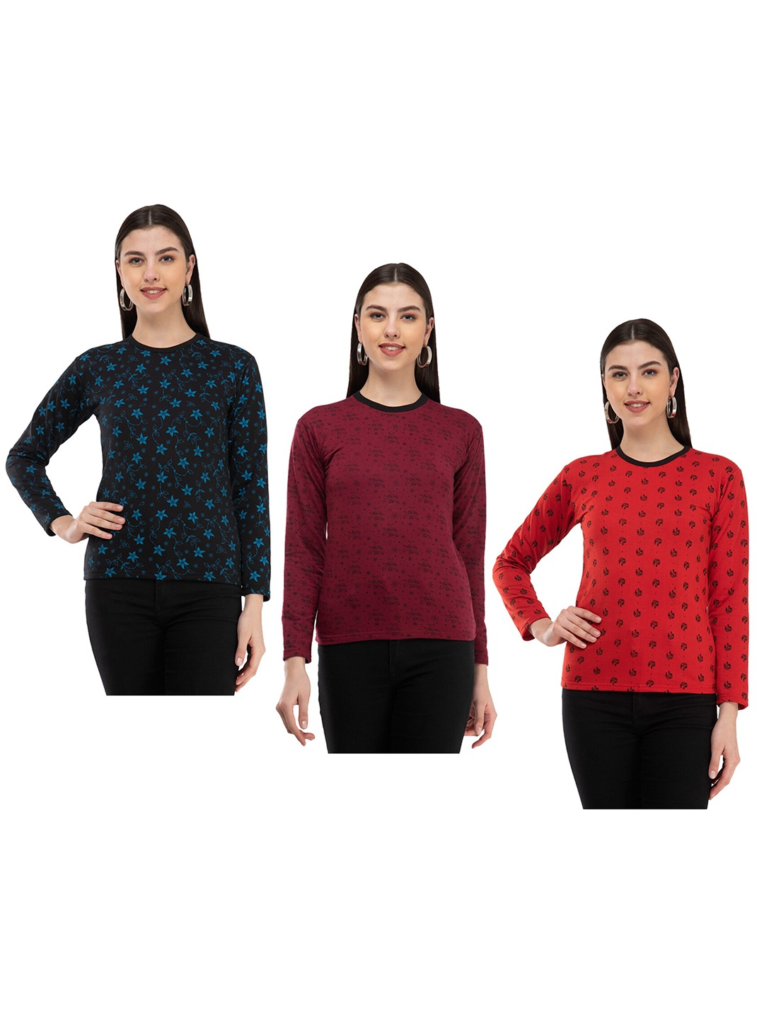 

IndiWeaves Pack Of 3 Floral Printed Long Sleeves Woolen T-shirt, Black