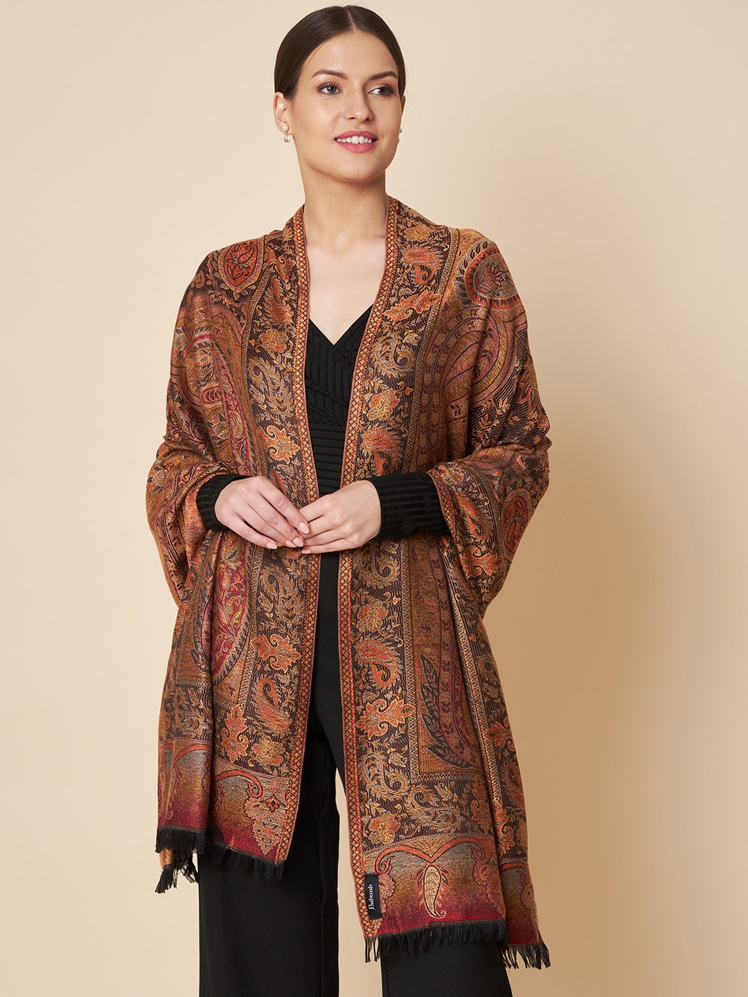 

Pashtush Paisley Woven-Design Shawl, Brown