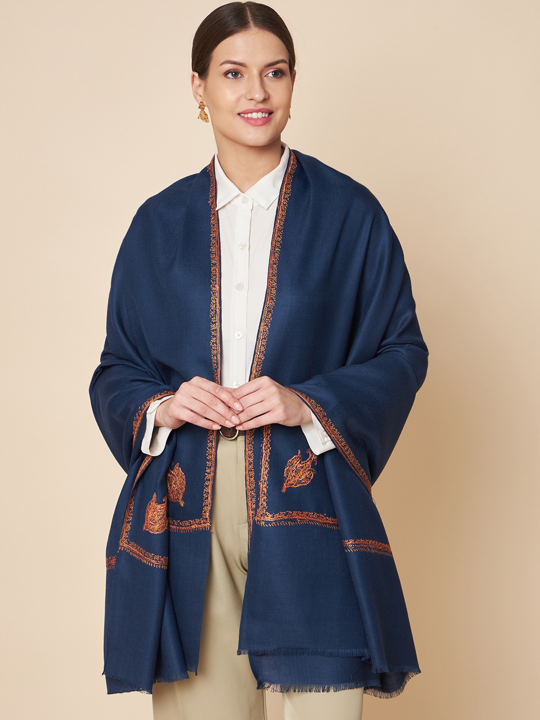 

Pashtush Ethnic Motifs Embroidered Shawl, Navy blue