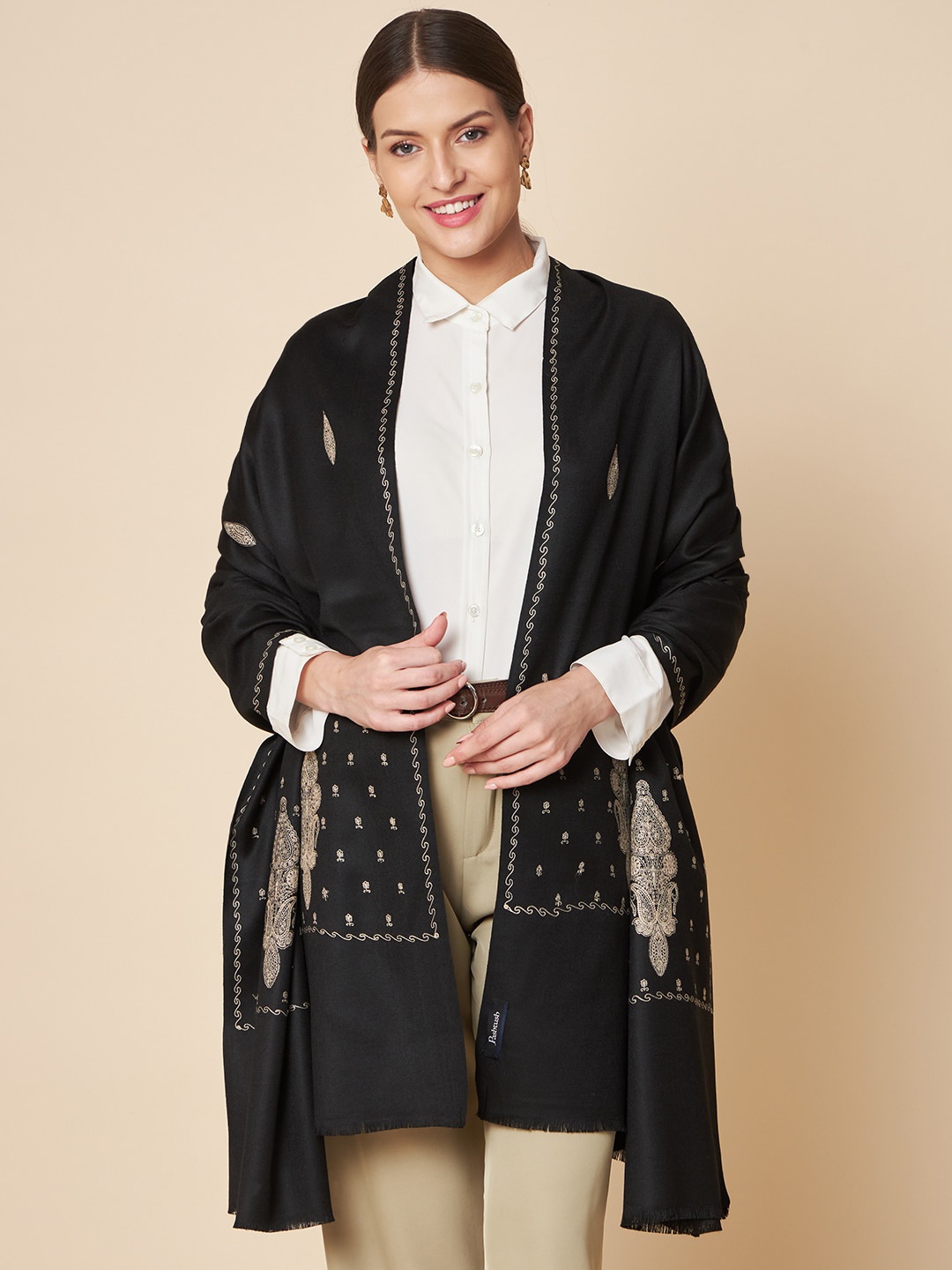 

Pashtush Ethnic Motifs Embroidered Woolen Shawl, Black