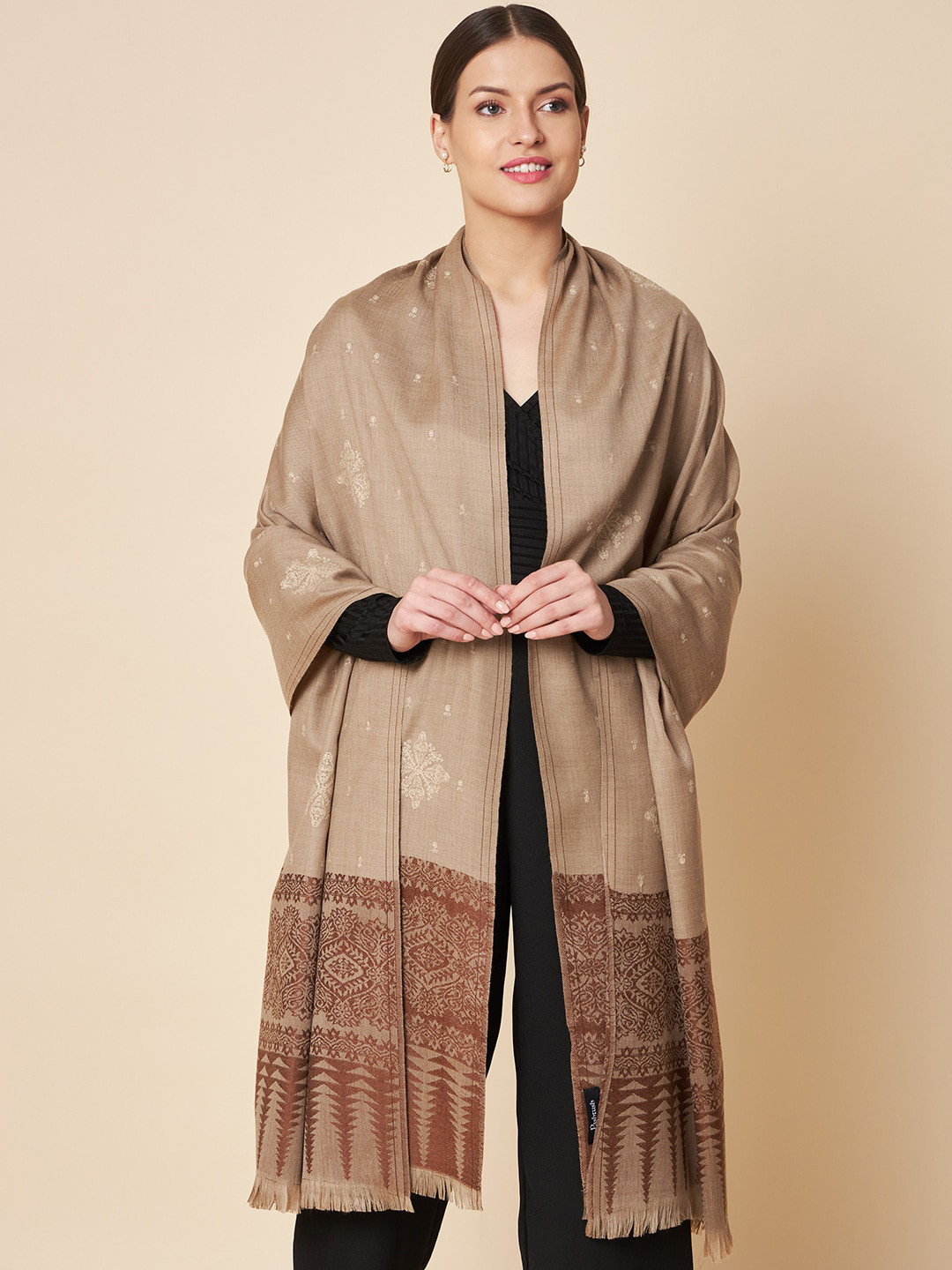 

Pashtush Ethnic Motifs Woven Design Shawl, Taupe