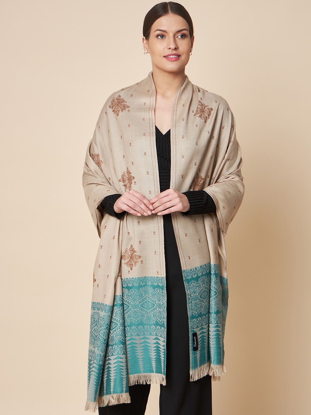 

Pashtush Ethnic Motif Embroidered Shawl, Beige