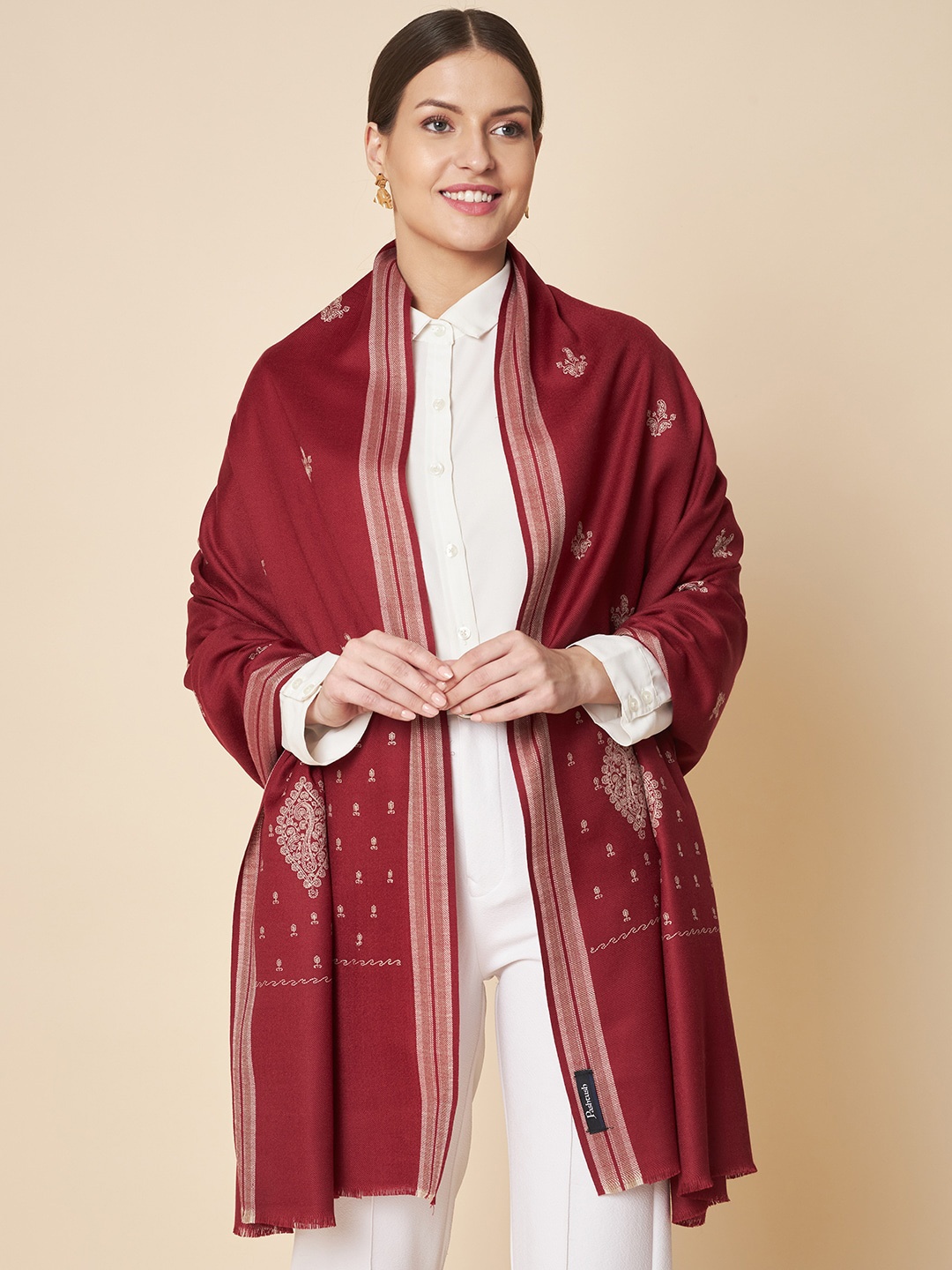 

Pashtush Women Embroidered Wool Shawl, Maroon