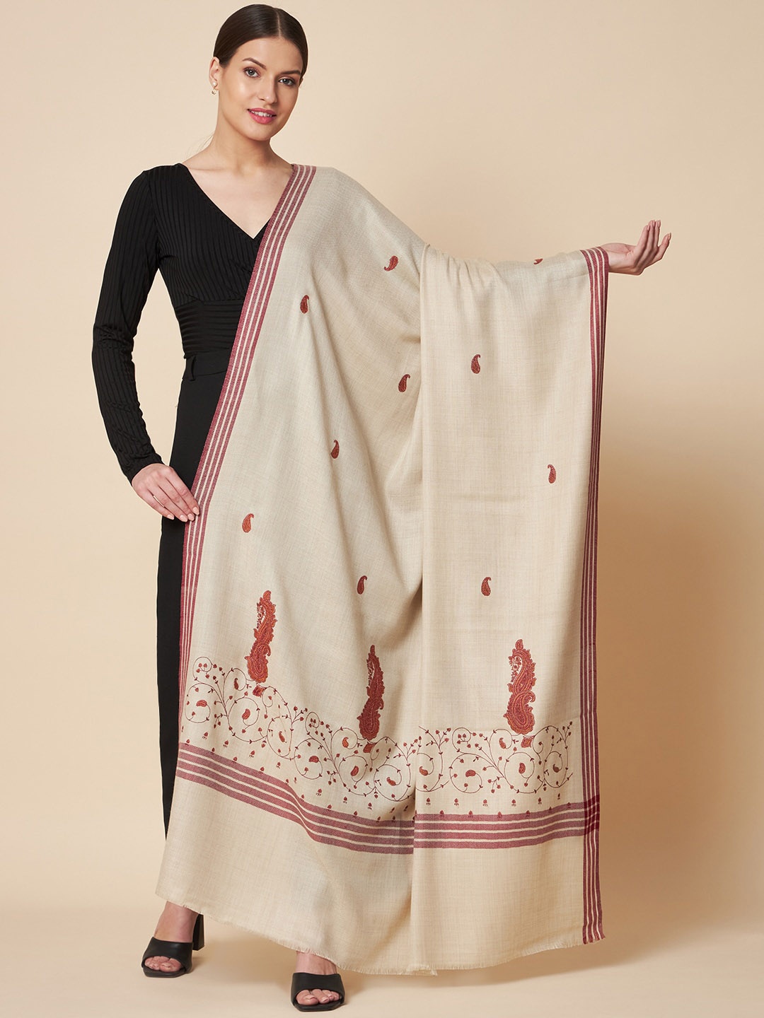 

Pashtush Paisley Embroidered Shawl, Beige