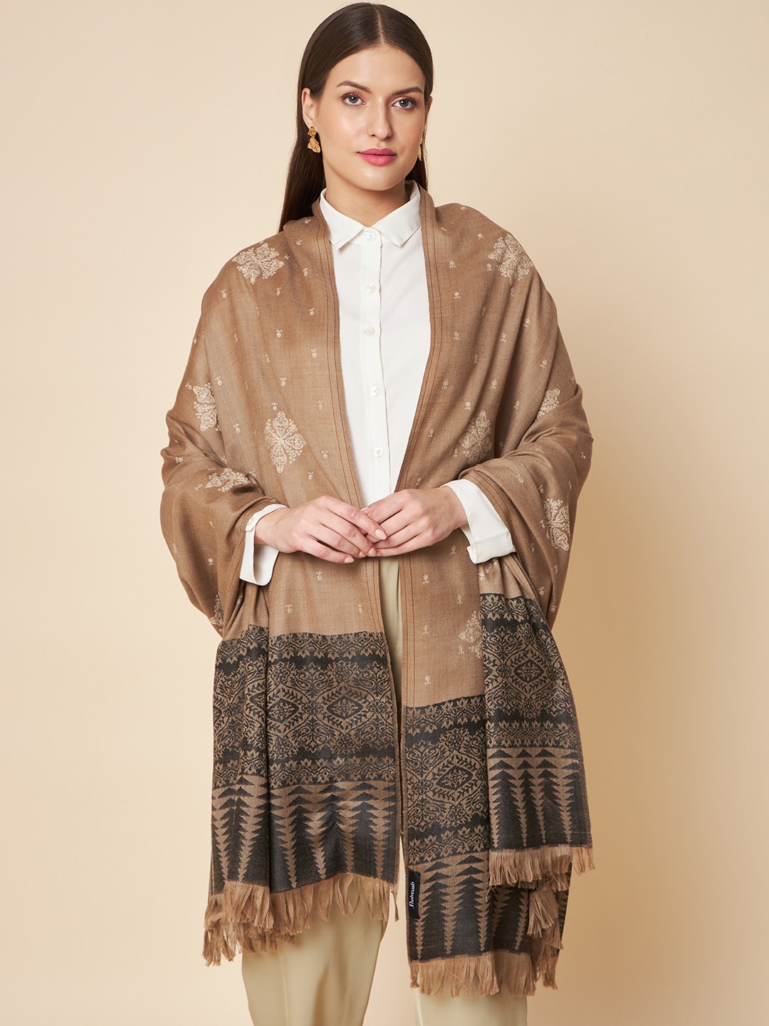 

Pashtush Ethnic Motifs Woven Design Shawl, Brown