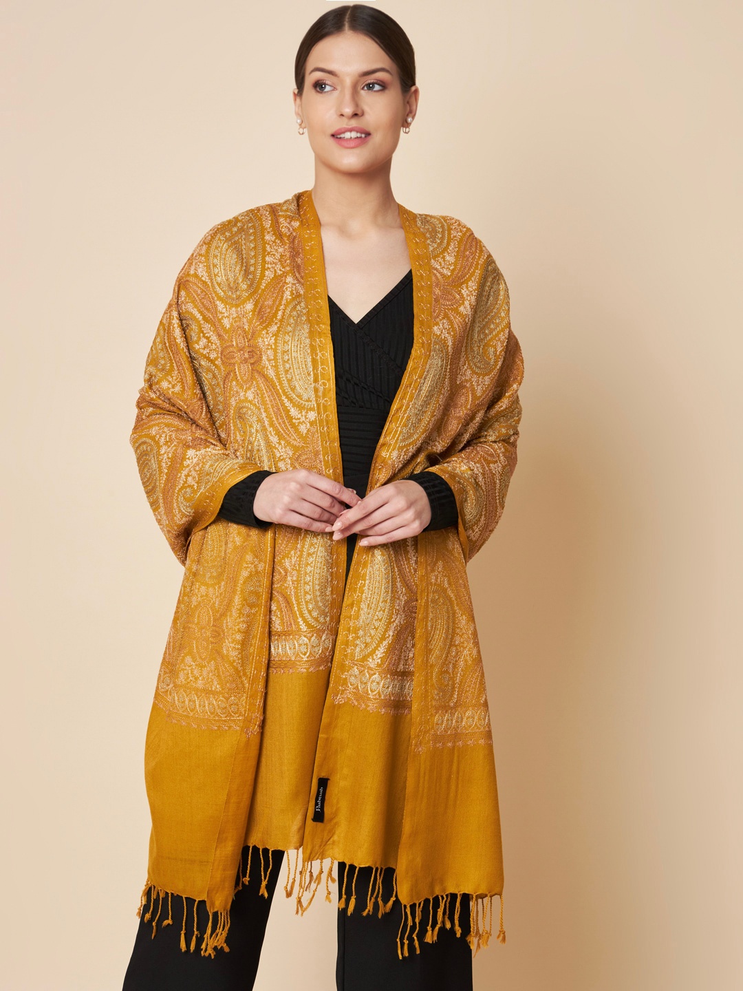 

Pashtush Paisley Design Embroidered Shawl, Mustard