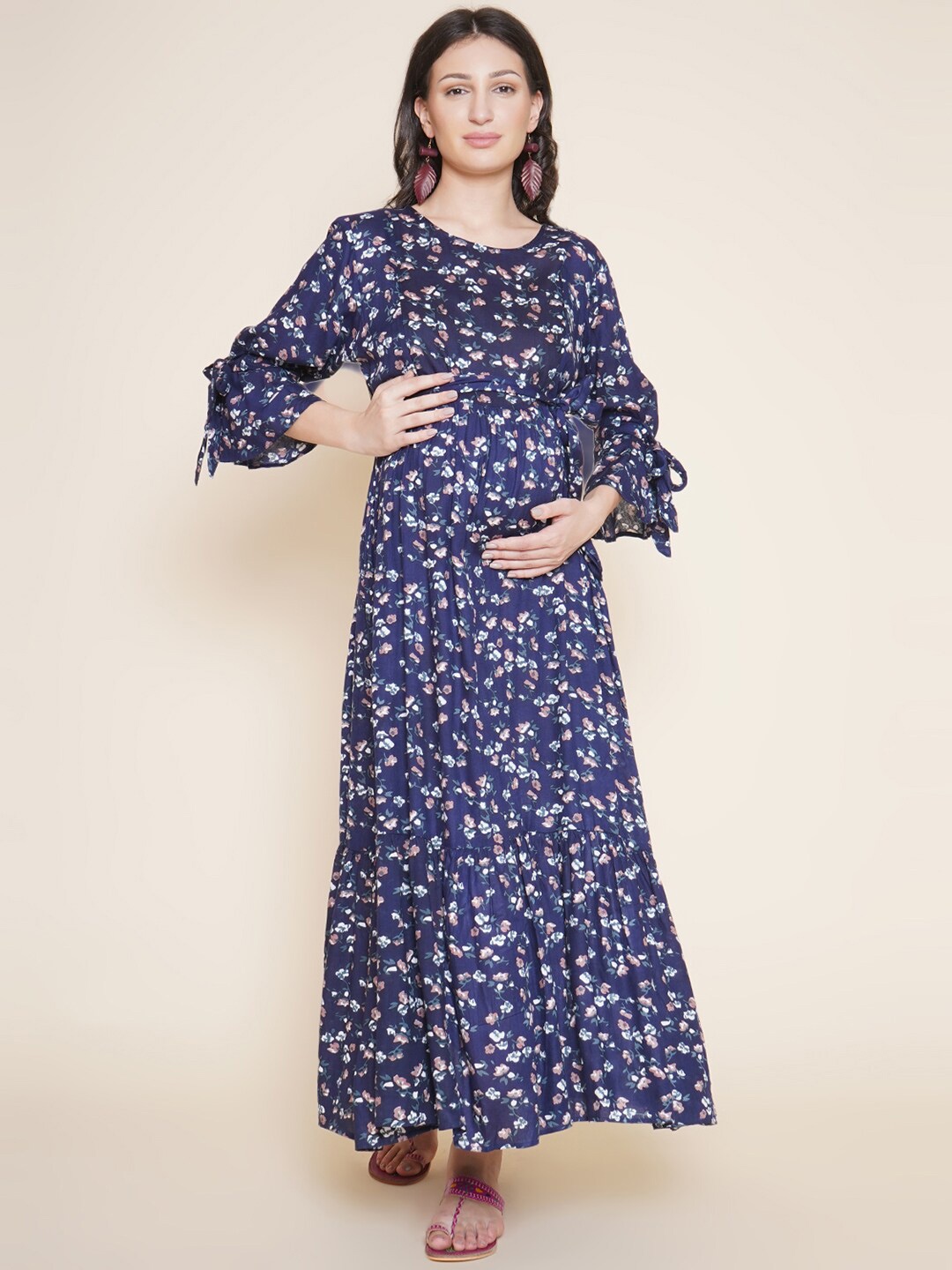 

Mine4Nine Floral Printed Maternity Kaftan Maxi Dress, Navy blue