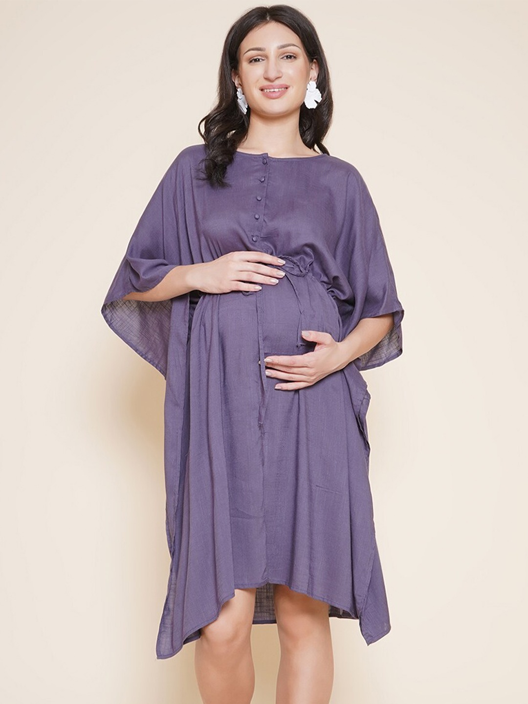 

Mine4Nine Flared Sleeves Maternity Kaftan Above Knee Length Dress, Violet