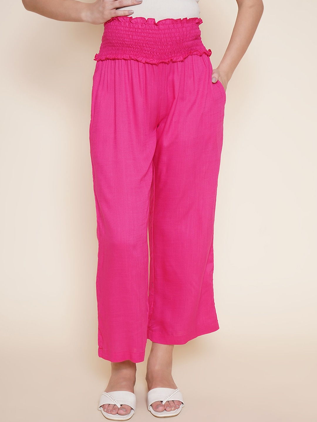 Mine4Nine Women Maternity Pleated Trousers, Pink