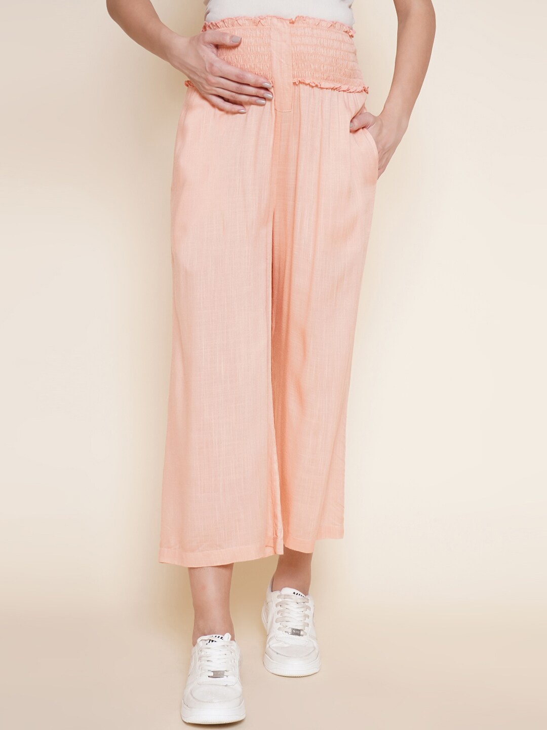 

Mine4Nine Women Maternity Pleated Trousers, Peach