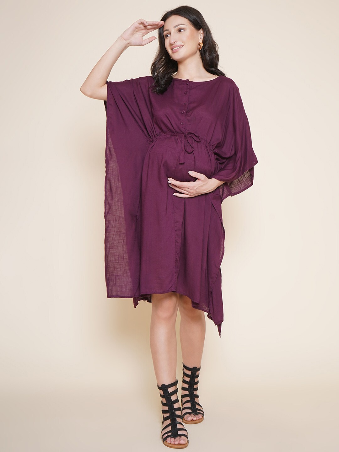 

Mine4Nine Flared Sleeves Maternity Kaftan Above Knee Length Dress, Purple