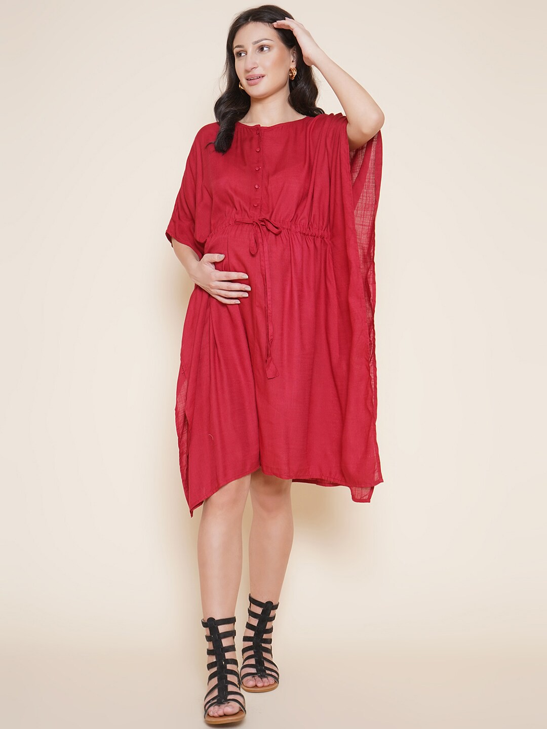 

Mine4Nine Flared Sleeves Maternity Kaftan Above Knee Length Dress, Maroon