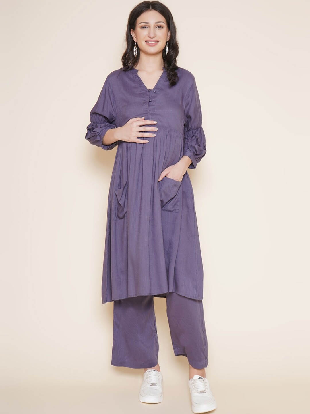 

Mine4Nine V-Neck Maternity Empire Kurta with Palazzo, Grey