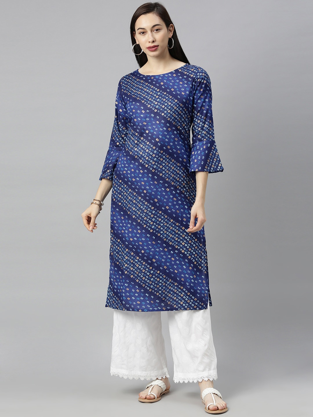 

KALINI Bandhani Printed Round Neck Kurta, Blue