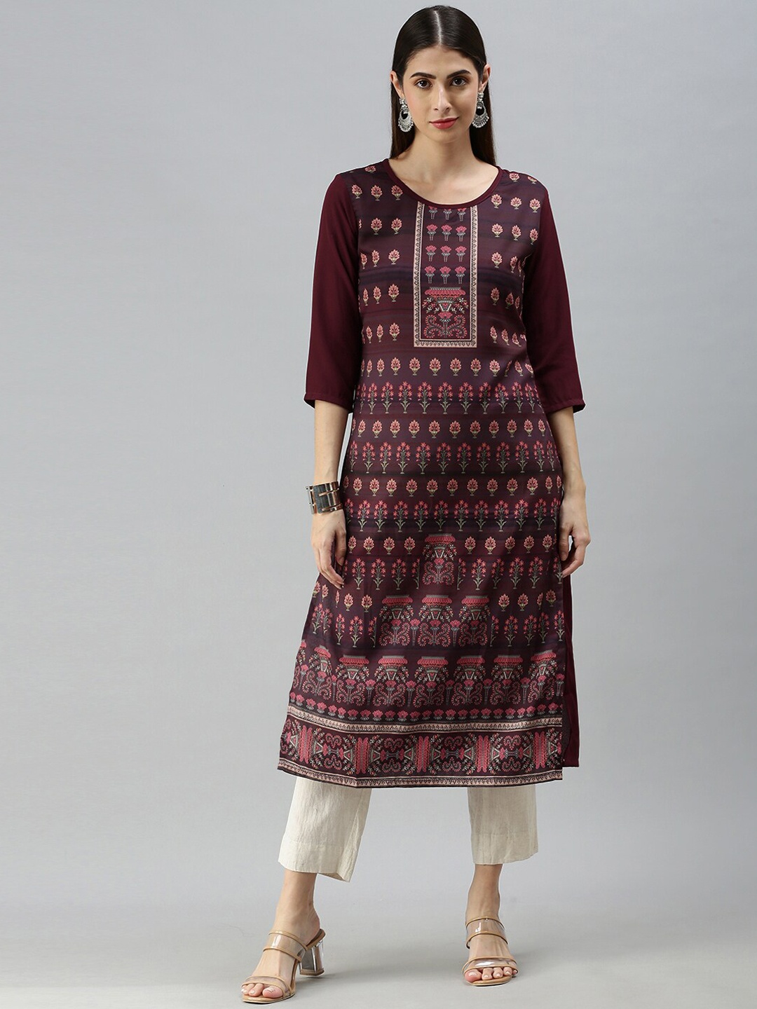 

KALINI Floral Printed Straight Kurta, Brown