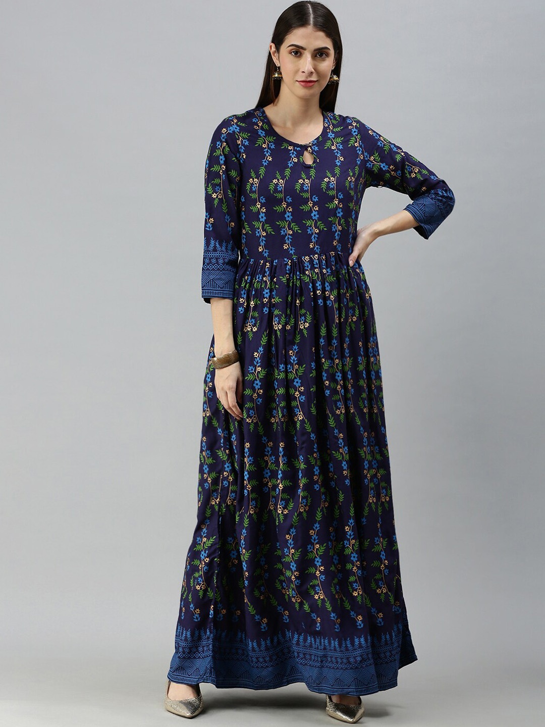 

KALINI Floral Printed Fit & Flare Ethnic Dress, Navy blue