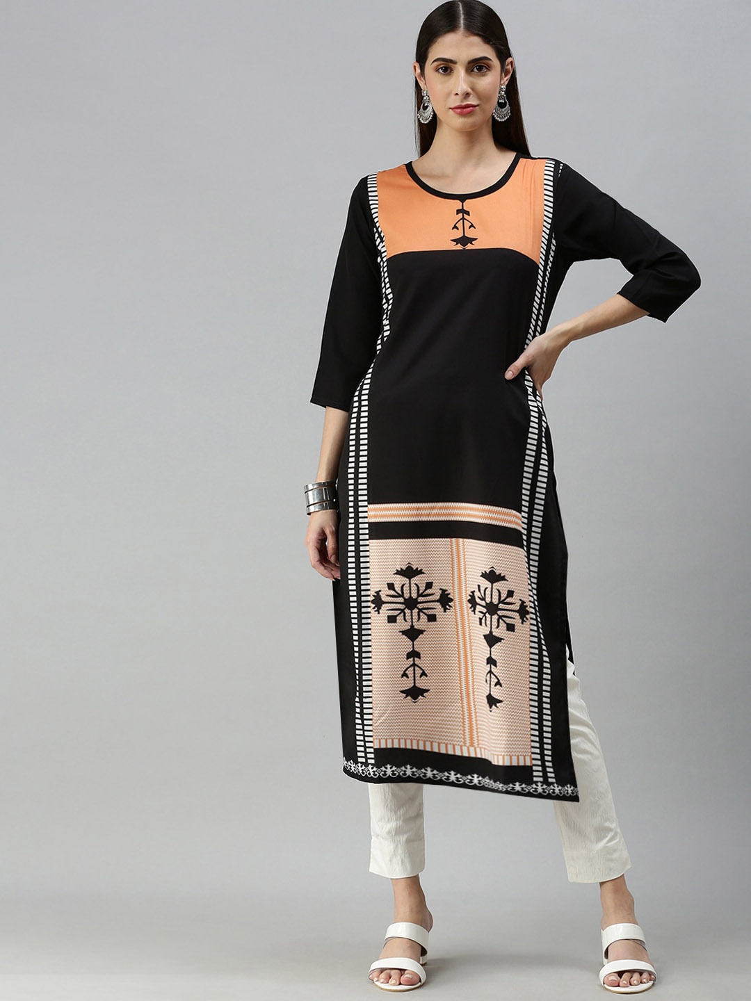 

KALINI Ethnic Motifs Printed Straight Kurta, Black