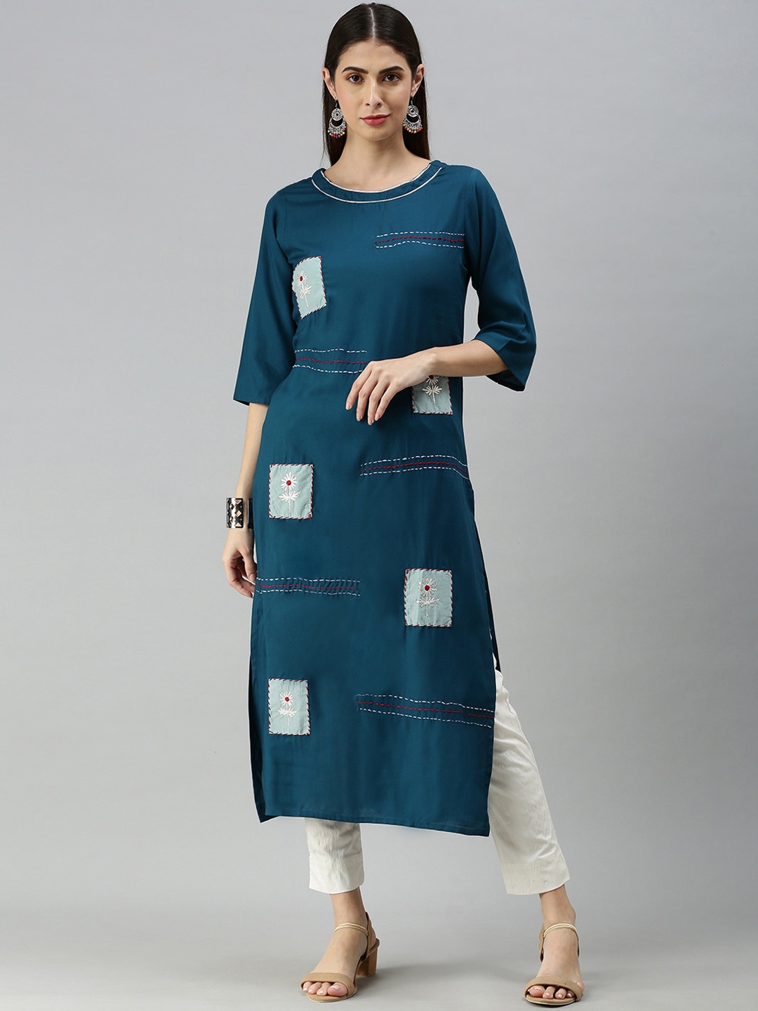 

KALINI Ethnic Motifs Embroidered Patchwork Kurta, Teal