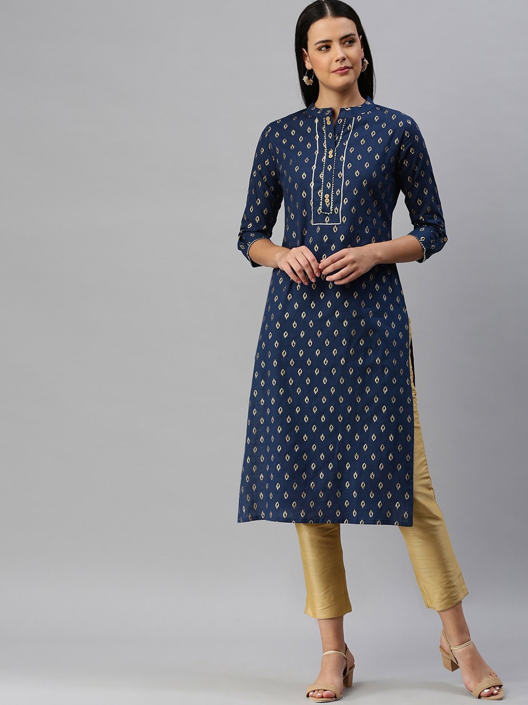 

KALINI Ethnic Motifs Foil Printed Mandarin Collar Gotta Patti Cotton Kurta, Navy blue
