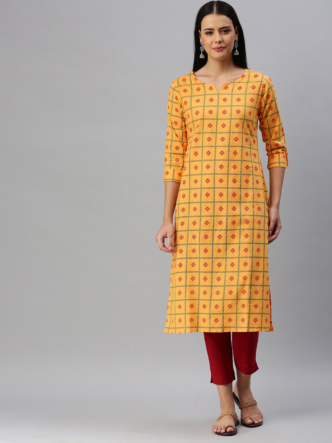 

KALINI Geometric Printed Cotton Straight Kurta, Mustard