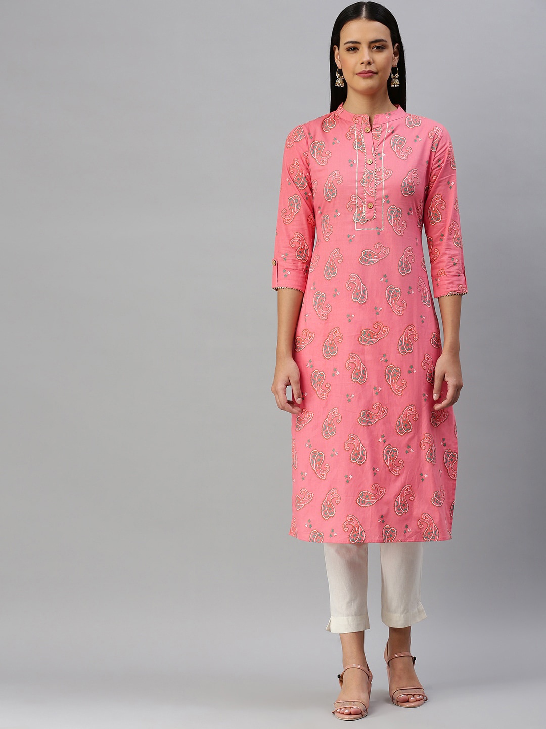 

KALINI Ethnic Motifs Printed Mandarin Collar Regular Kurta, Coral