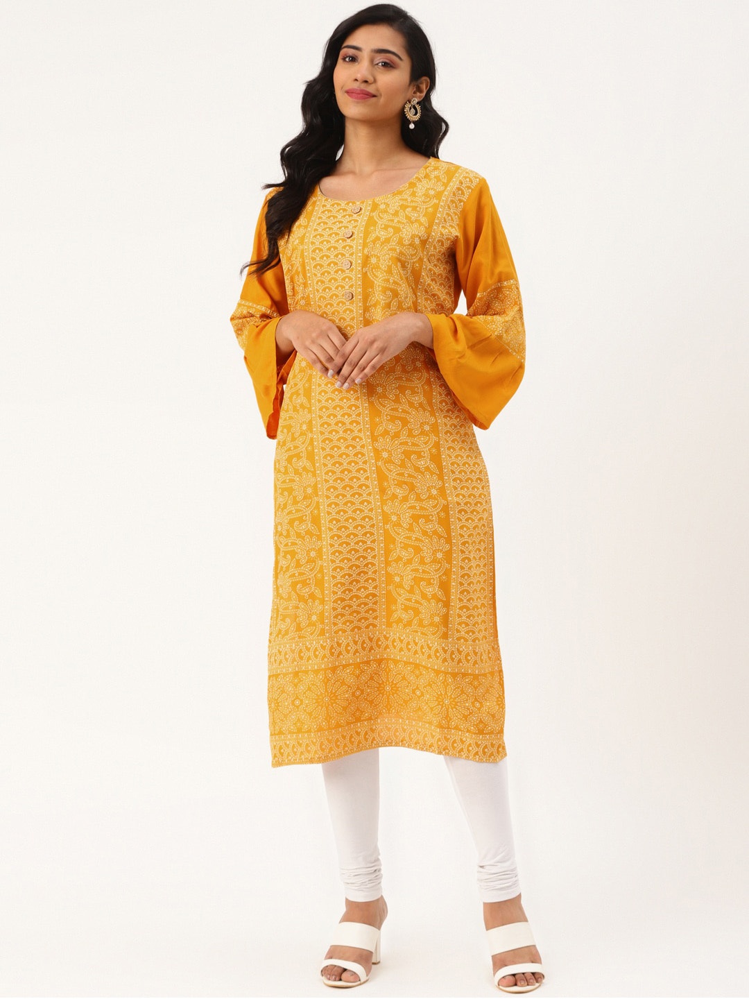 

KALINI Ethnic Motifs Embroidered Round Neck Kurta, Mustard